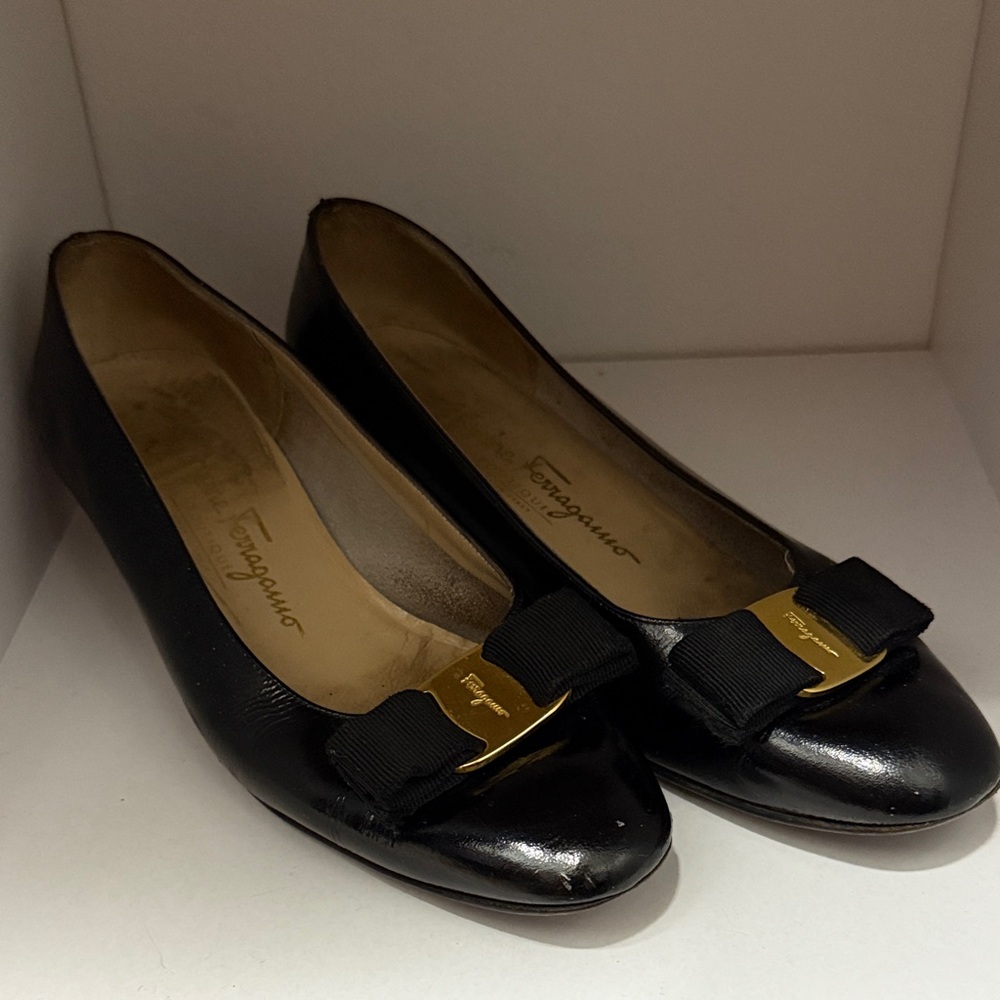 Salvatore Ferragamo Black Flats with Gold Accent